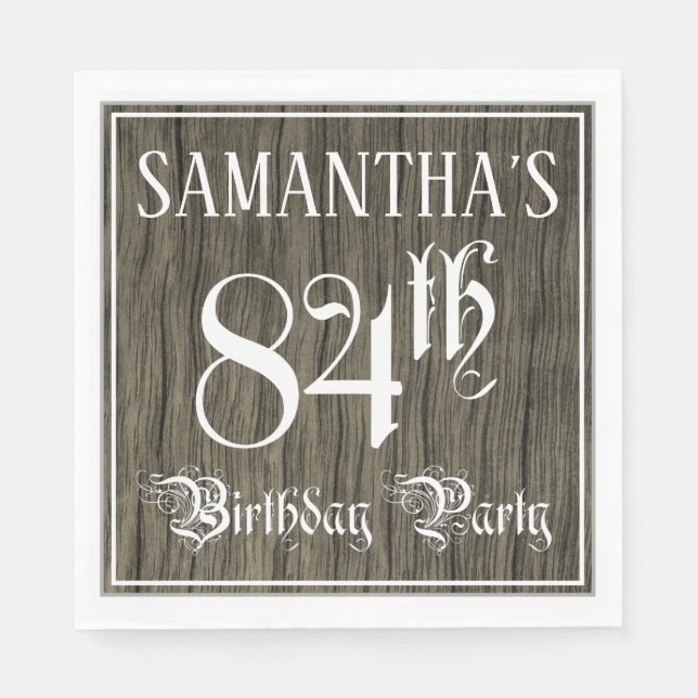 84th Birthday Party — Fancy Script, Faux Wood Look Napkin (Front)