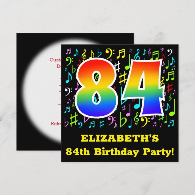 84th Birthday Party: Fun Music Symbols, Rainbow 84 Invitation (Front/Back)