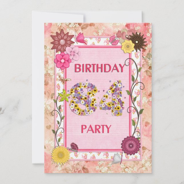 84th birthday party invitation with floral frame (Front)