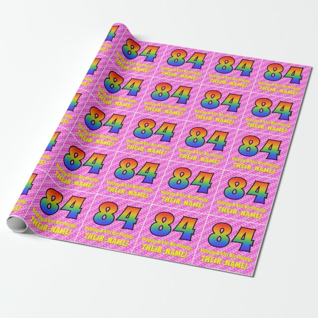 84th Birthday: Pink Stripes & Hearts, Rainbow # 84 Wrapping Paper (Unrolled)