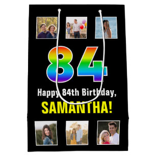 84th Birthday: Rainbow “84“, Custom Photos & Name Medium Gift Bag