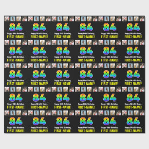 84th Birthday: Rainbow “84“; Custom Photos & Name Wrapping Paper