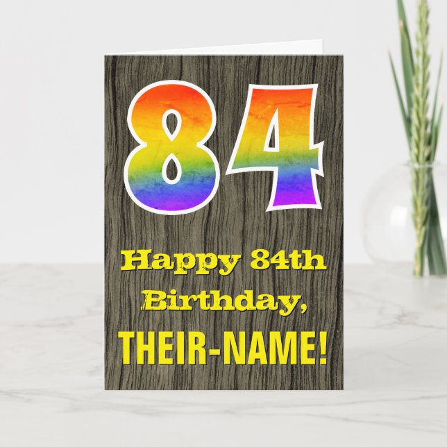 84th Birthday: Rustic Faux Wood Look, Rainbow "84" Card (Front)