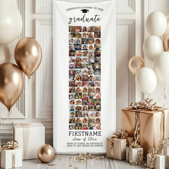 85 Photo Collage Graduation Modern Minimal White Banner (Custom Graduation Banner - Great for a backdrop or Grad Party Decoration)