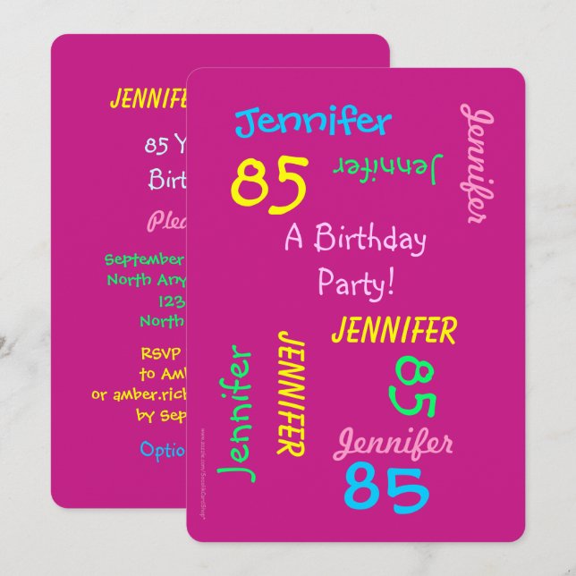 85 Years Young Birthday Party Pink Name Invitation (Front/Back)