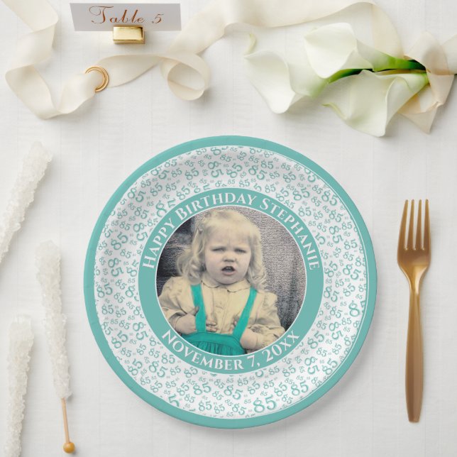 85 Your Photo Random Number Pattern Teal/White Paper Plate (Wedding)