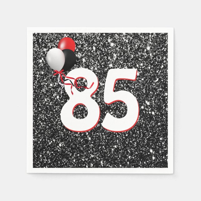 85th Birthday Balloons on Black Glitter Napkins (Front)