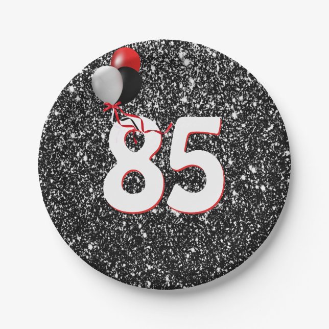 85th Birthday Balloons on Black Glitter Paper Plate (Front)