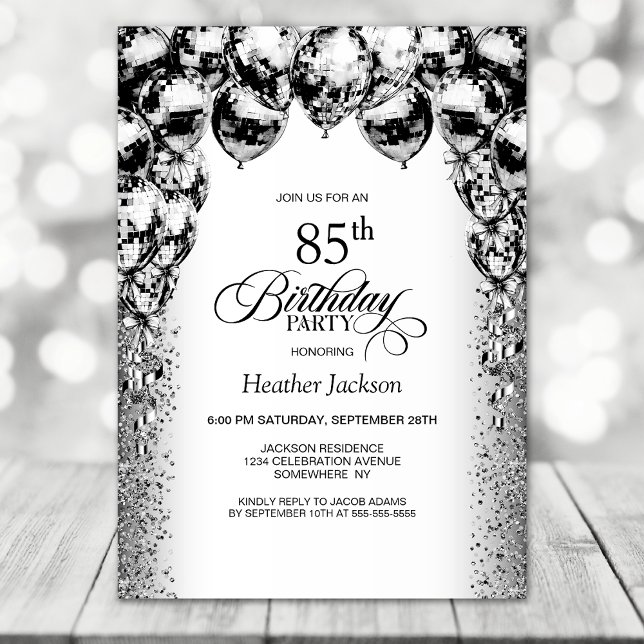 85th Birthday Black and White Balloons Party Invitation (Creator Uploaded)