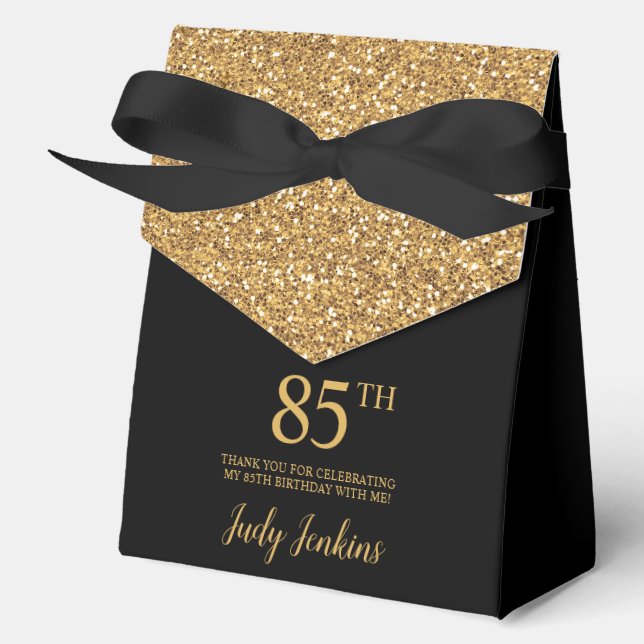 85th Birthday Black Gold Glitter Thank You Favor Box (Front)