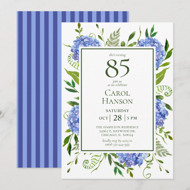 85th Birthday Blue Hydrangeas Invitation (Front/Back)