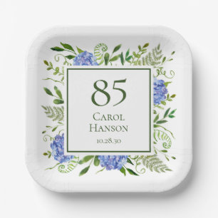 85th Birthday Blue Hydrangeas Paper Plate