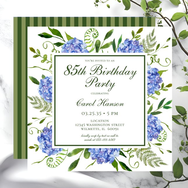 85th Birthday Blue Hydrangeas Script Invitation (Creator Uploaded)