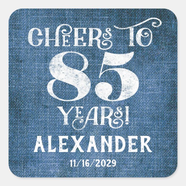 85th Birthday Blue Linen Thank You Favour Stickers (Front)