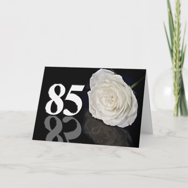85th Birthday Card with a classic white rose (Front)
