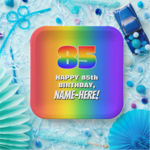 85th Birthday: Colourful, Fun Rainbow Pattern # 85 Paper Plate