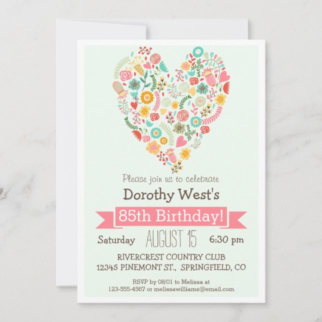 85th Birthday, Cute Floral Heart Birthday Party Invitation (Front)