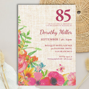 85th Birthday Elegant Bold Floral Linen Party Invitation