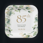 85th Birthday Eucalyptus Paper Plate<br><div class="desc">These exquisite, watercolor eucalyptus with gold leaf embellishments 85th birthday party 7" square paper plates are perfect for your big celebration. Their soft flowy design is modern yet traditional. They'll look fabulous on your counters, buffet or tables. Select Personalize this template to make them uniquely your own. In seconds you...</div>