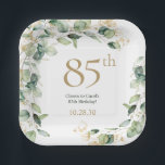 85th Birthday Eucalyptus Paper Plate<br><div class="desc">These exquisite, watercolor eucalyptus with gold leaf embellishments 85th birthday party 7" square paper plates are perfect for your big celebration. Their soft flowy design is modern yet traditional. They'll look fabulous on your counters, buffet or tables. Select Personalize this template to make them uniquely your own. In seconds you...</div>
