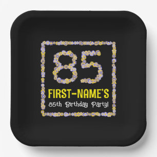 85th Birthday: Floral Flowers Number, Custom Name Paper Plate