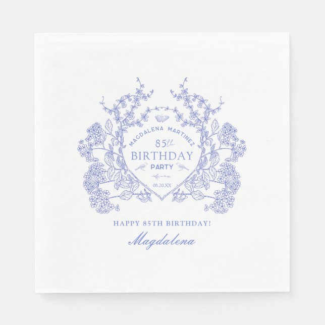 85th Birthday French Blue Floral Crest Custom Napkin (Front)