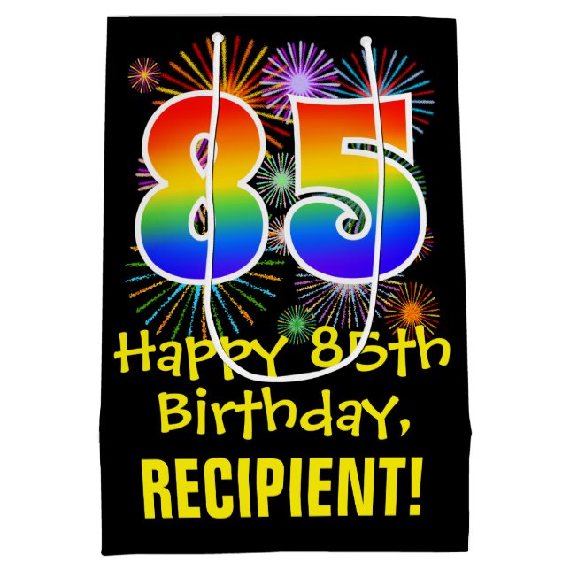 85th Birthday: Fun Fireworks Pattern + Rainbow 85 Medium Gift Bag (Back)
