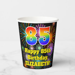 85th Birthday: Fun Fireworks Pattern + Rainbow 85 Paper Cups