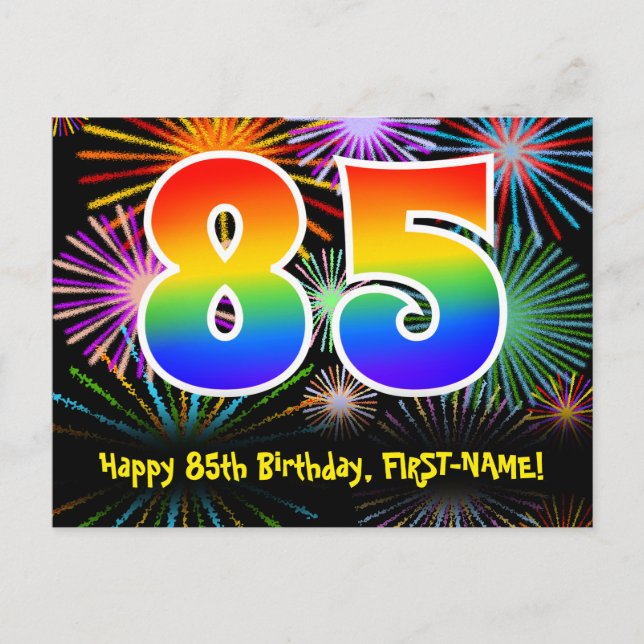 85th Birthday – Fun Fireworks Pattern + Rainbow 85 Postcard (Front)