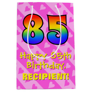 85th Birthday: Fun Pink Hearts Stripes; Rainbow 85 Medium Gift Bag