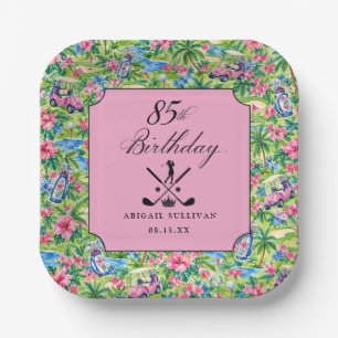 85th Birthday Golf Pink Green Preppy Print Paper Plate