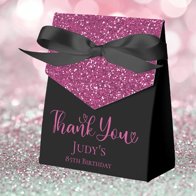 85th Birthday Hot Pink Glitter Black Thank You Favor Box (Creator Uploaded)