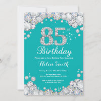 85th Birthday Invitation Teal and Silver Diamond