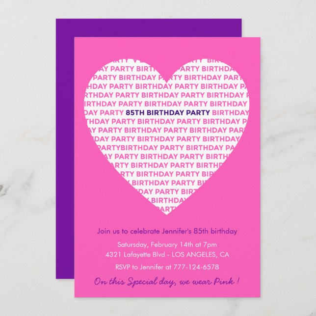 85th birthday invitations Pink Heart Modern (Front/Back)