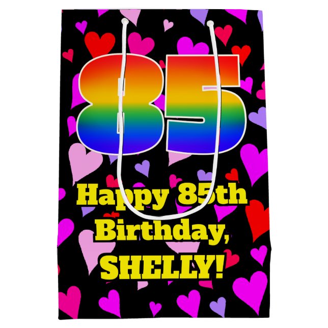 85th Birthday: Loving Hearts Pattern, Rainbow # 85 Medium Gift Bag (Back)