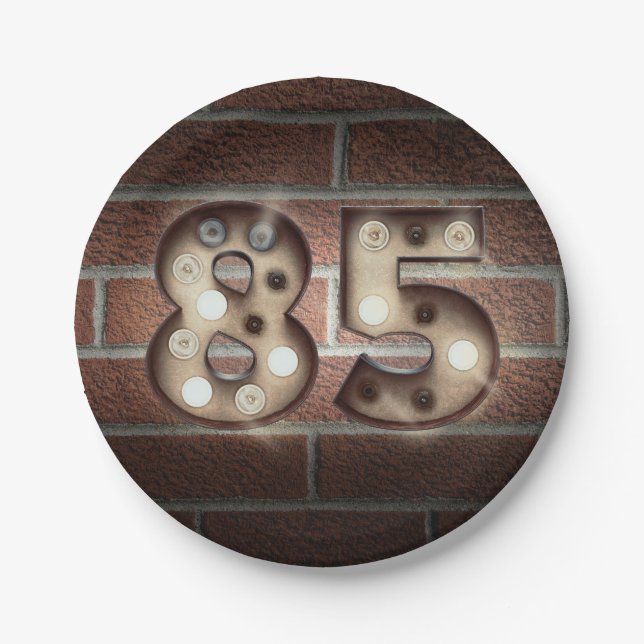 85th birthday marquee sign on brick wall paper plate (Front)