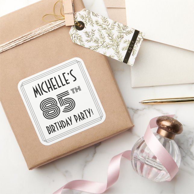 85th Birthday Party: Art Deco Style + Custom Name Square Sticker (Gifting)