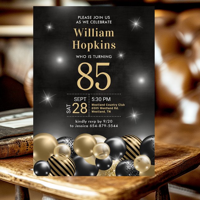 85th Birthday Party Black Gold Balloons Photo Invitation (Creator Uploaded)