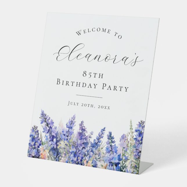 85th Birthday Party Blue July Birth Flower Welcome Pedestal Sign (Front)