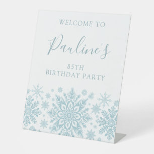 85th Birthday Party Blue White Snowflake Welcome  Pedestal Sign