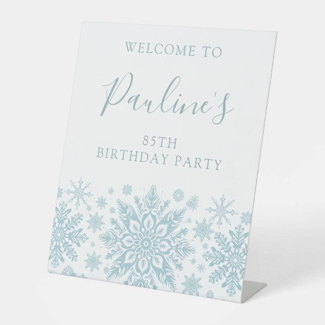 85th Birthday Party Blue White Snowflake Welcome  Pedestal Sign (Front)