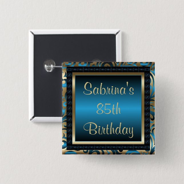 85th Birthday Party | DIY Text | Blue and Gold 2 Inch Square Button (Front & Back)