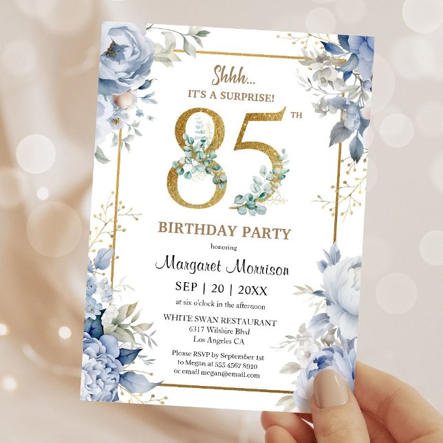85th Birthday Party Elegant Dusty Blue Floral Invitation (Creator Uploaded)