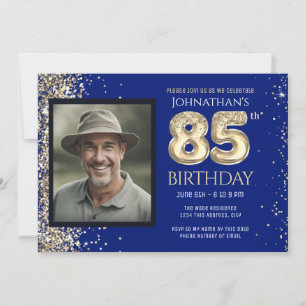 85th Birthday Party Gold Glitter Blue Photo Invita Invitation