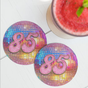 85th Birthday Party Gold Pink Glitter Disco Ball Round Paper Coaster
