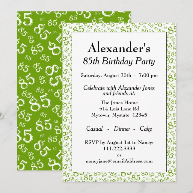 85th Birthday Party Green/White Number Pattern Invitation (Front/Back)