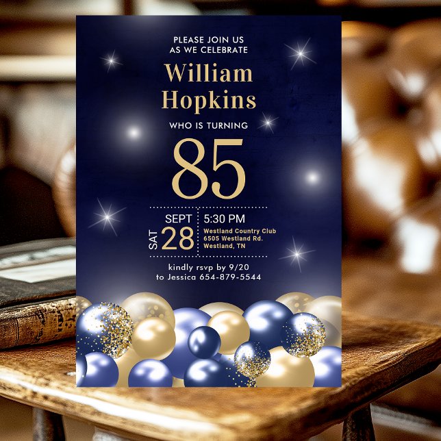 85th Birthday Party Navy Blue Gold Balloons Invitation (Creator Uploaded)