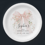 85th Birthday Party Pink Bow with Roses Custom Paper Plate<br><div class="desc">Blush pink watercolor coquette bow is decorated with roses and sage green greenery.</div>