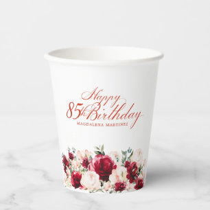 85th Birthday Party Red Rose Pink Peony Custom Paper Cups