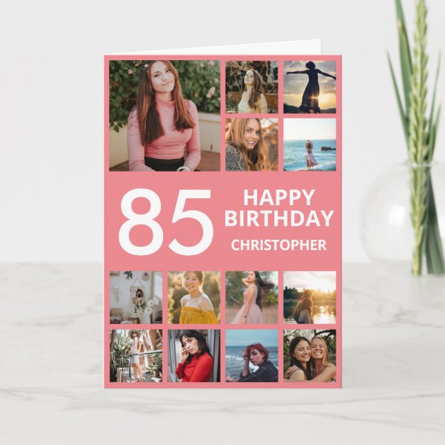 85th Birthday Photo Collage 13 Photos Pink & White Card (Front)